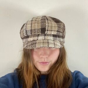 Vintage Y2K News Boy Cap Hat Neutral Plaid Oversized Grunge Twee Streetwear